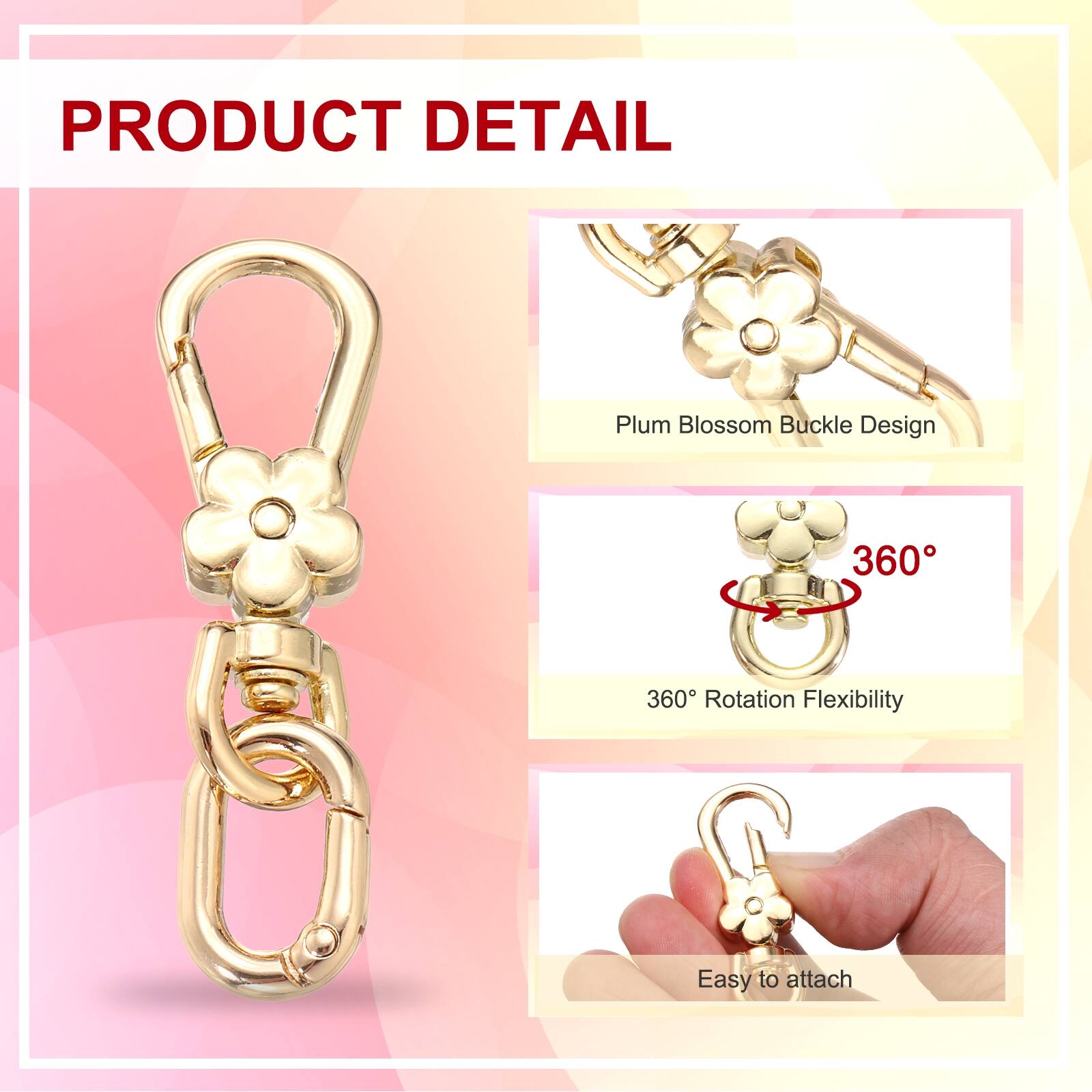 PRODUCT DETAIL

Plum Blossom Buckle Design

360° Rotation Flexibility

Easy to attach