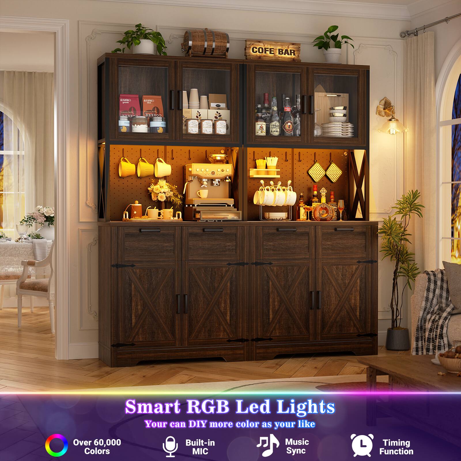 COFE BAR

Smart RGB Led Lights  
Your can DIY more color as your like  
Over 60,000 Built-in Music Timing Colors MIC Sync Q Function