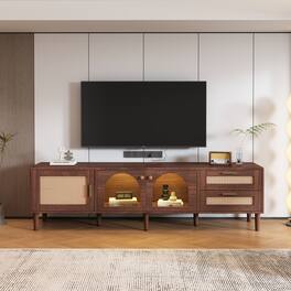 Z-Edge - TV Stand for TVs up to 80", Entertainment Center with LED Lights, 2 Drawers & Glass Door, Media Console for Living Room - Walnut