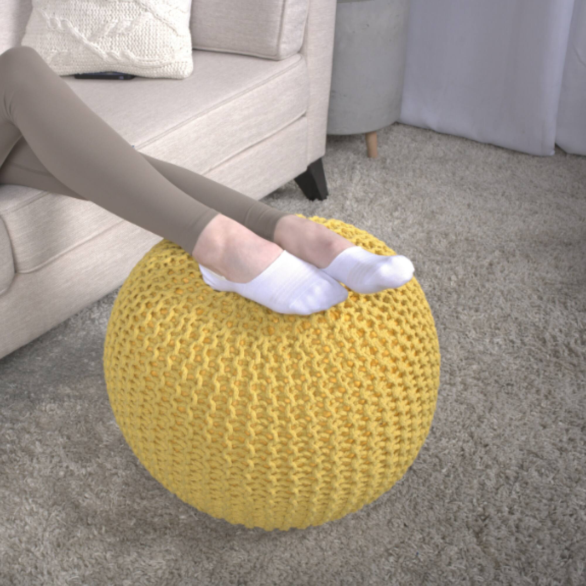 Front. GOODSILO - Round Knitted Cotton Pouf Ottoman Floor Cushion Stylish Home Decor Accent Piece - Yellow.