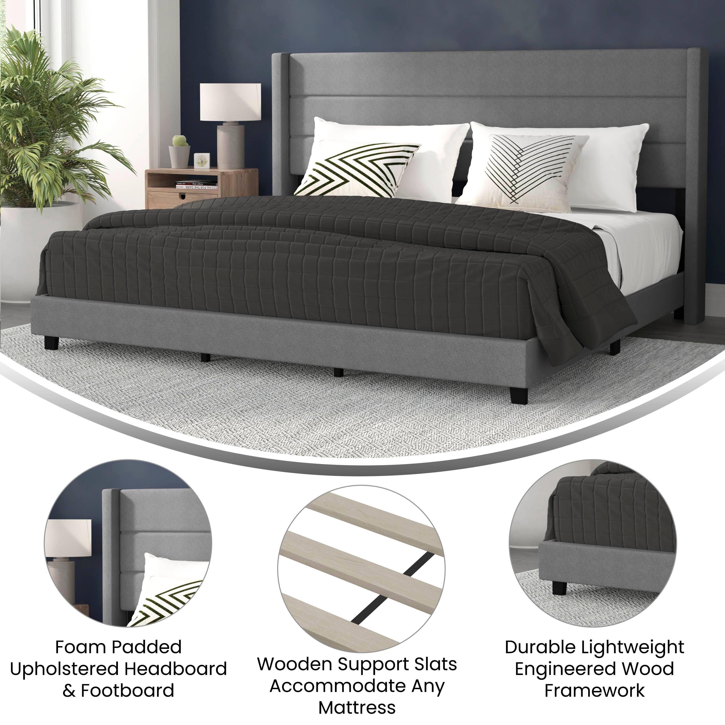 Foam Padded Upholstered Headboard & Footboard  
Wooden Support Slats Accommodate Any Mattress  
Durable Lightweight Engineered Wood Framework