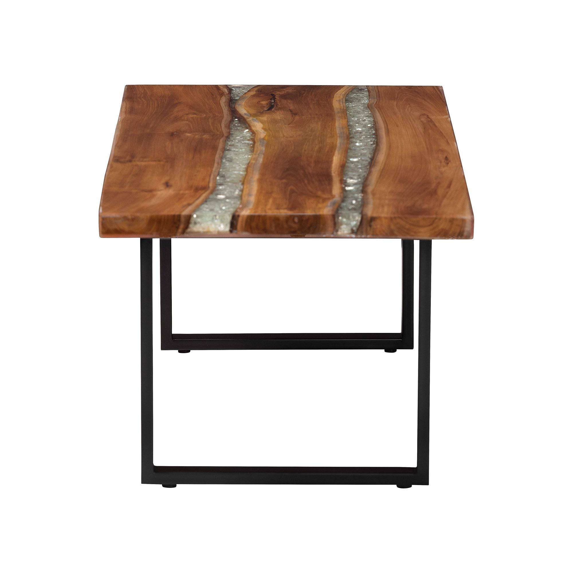Left. bali & pari - Apio Wood Epoxy Resin Coffee Table with Glass Inlay - Rectangular Live Edge Teak wood with Black Metal Base - Natural Brown/White/Black.