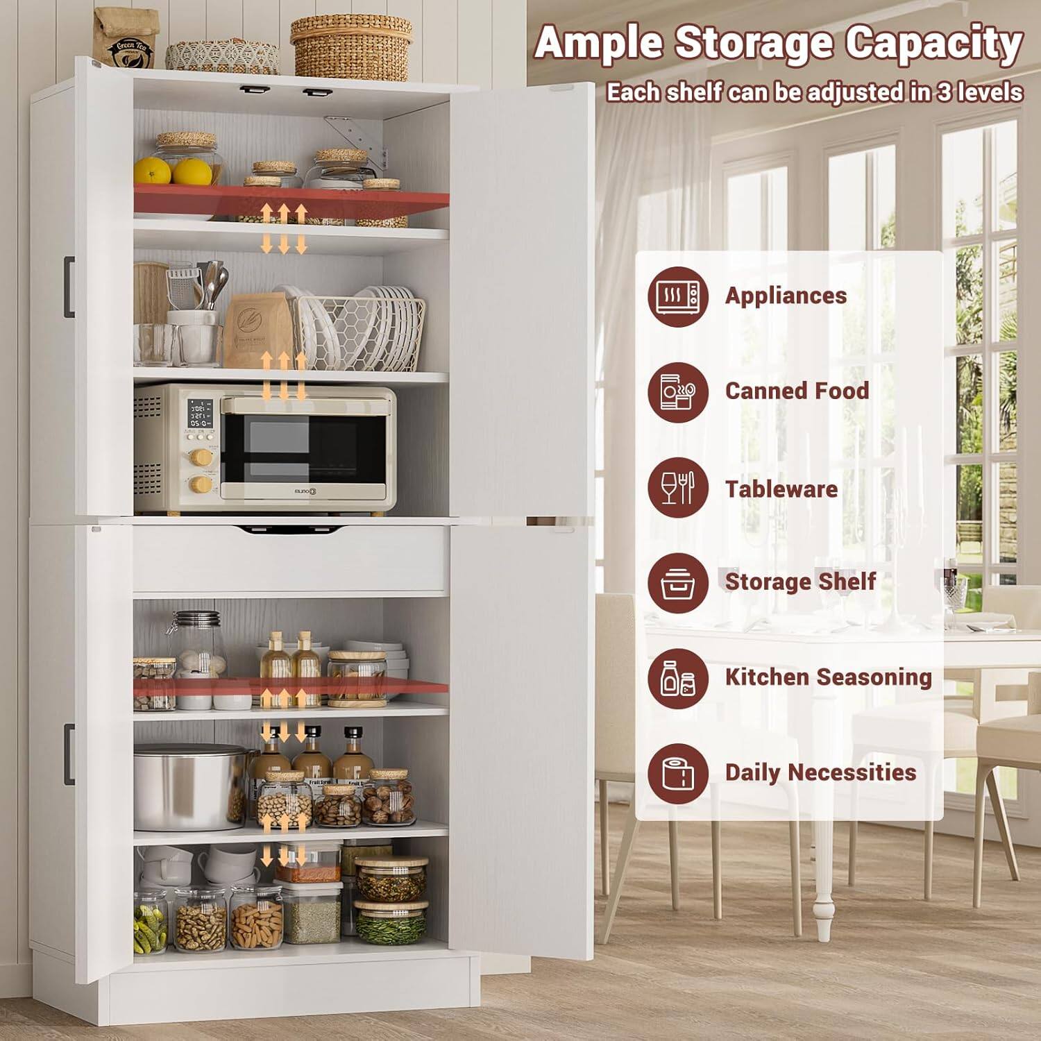 Ample Storage Capacity  
Each shelf can be adjusted in 3 levels

- Appliances
- Canned Food
- Tableware
- Storage Shelf
- Kitchen Seasoning
- Daily Necessities