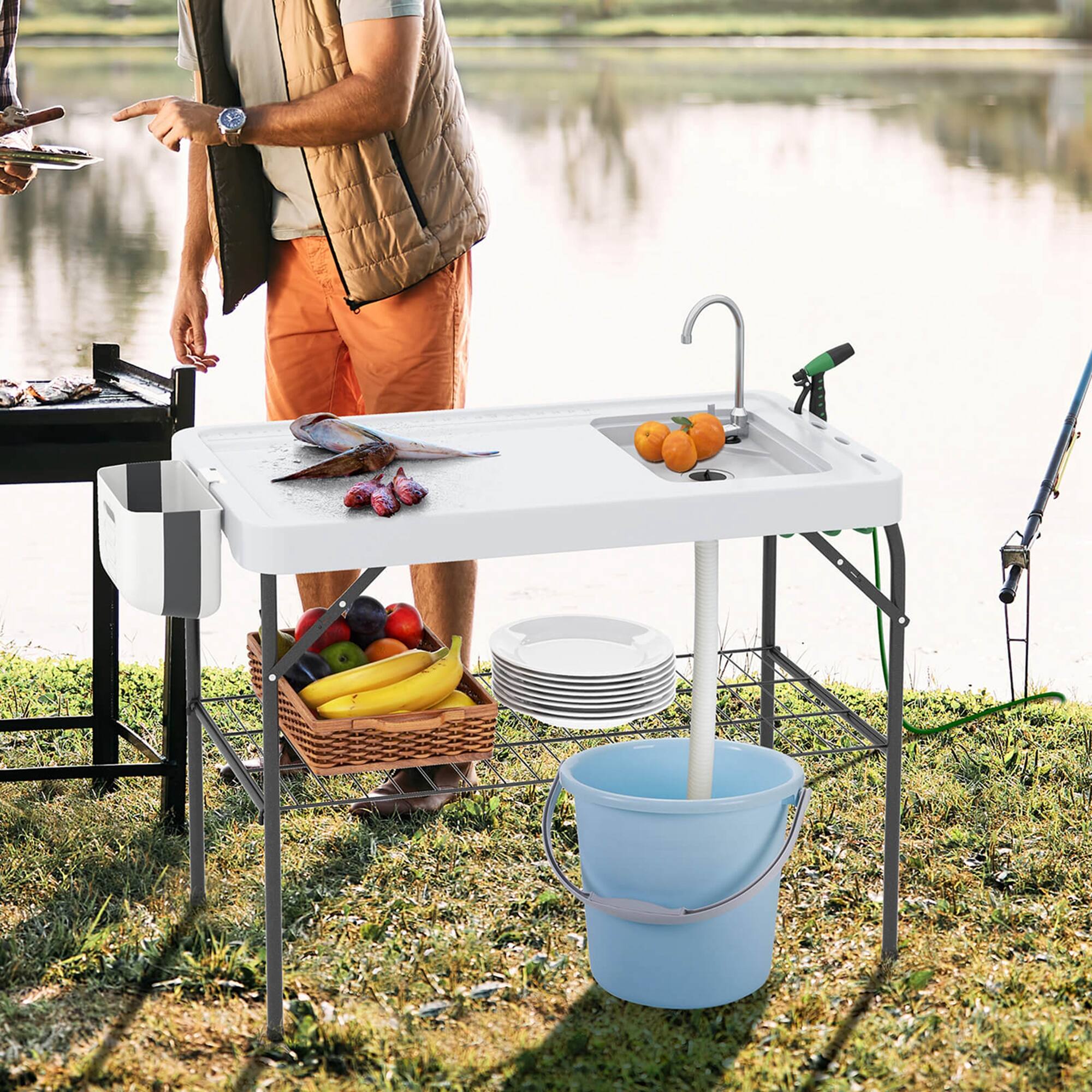 Alt View 1. Costway - Costway Folding Fish Cleaning Table Portable Camping Table with  Faucet Hose Grid Rack - White.