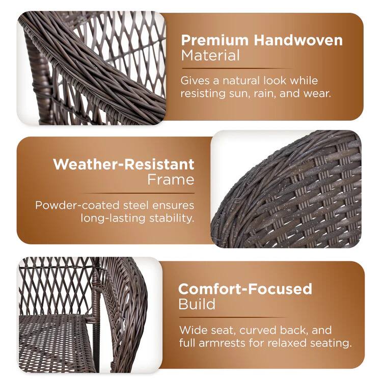 Premium Handwoven Material  
Gives a natural look while resisting sun, rain, and wear.

Weather-Resistant Frame  
Powder-coated steel ensures long-lasting stability.

Comfort-Focused Build  
Wide seat, curved back, and full armrests for relaxed seating.