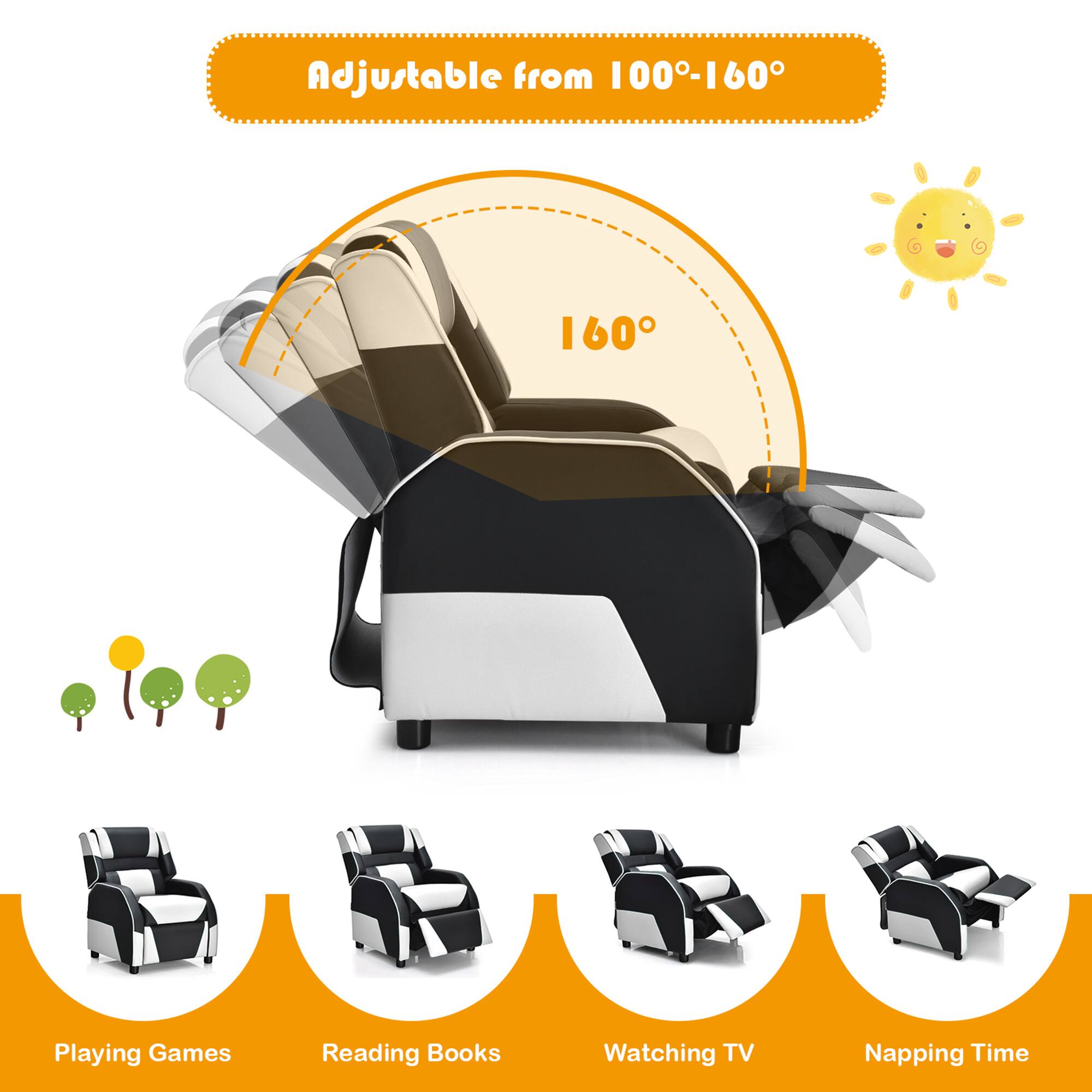 Adjustable from 100°-160°

160°

Playing Games  
Reading Books  
Watching TV  
Napping Time