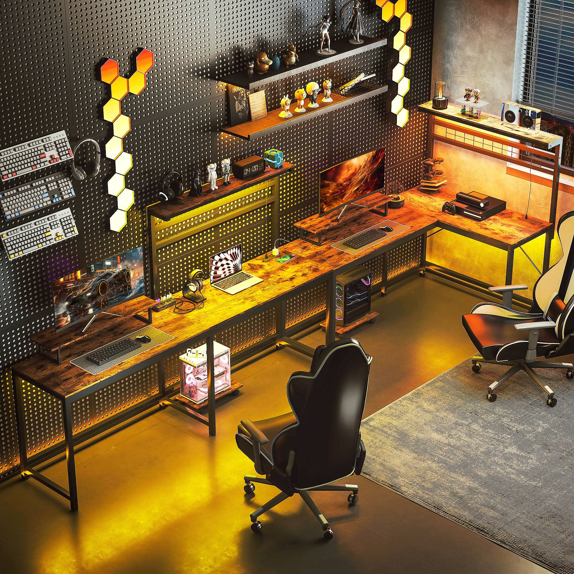 Alt View 1. Homcom - L Shaped Gaming Desk with Power Outlets & LED Lights, Computer Desk with Monitor Stand and CPU Shelf - Rustic Brown.