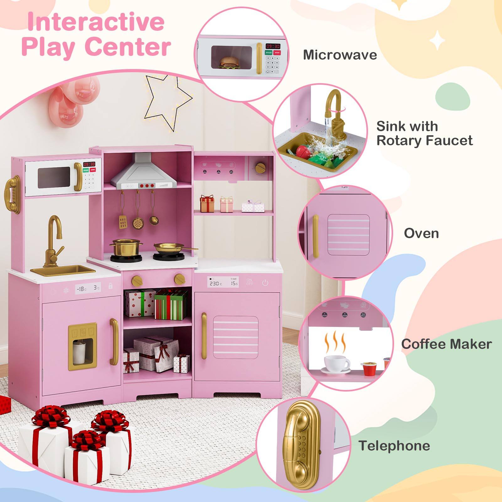 Interactive Play Center

- Microwave
- Sink with Rotary Faucet
- Oven
- Coffee Maker
- Telephone