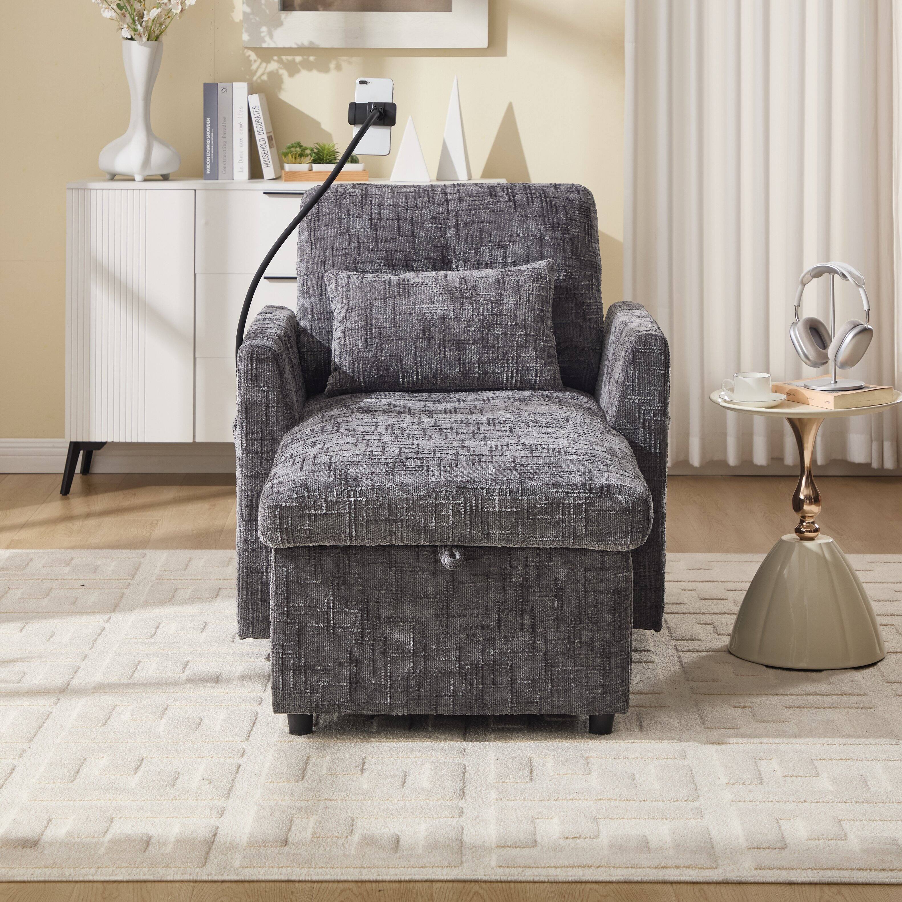 Angle. Trinkets Crazed - Lazy Person Sofa Couch, Multifunctional Chenille Single Leisure Chair with Storage Backrest, Cell Phone Bracket - Gray.