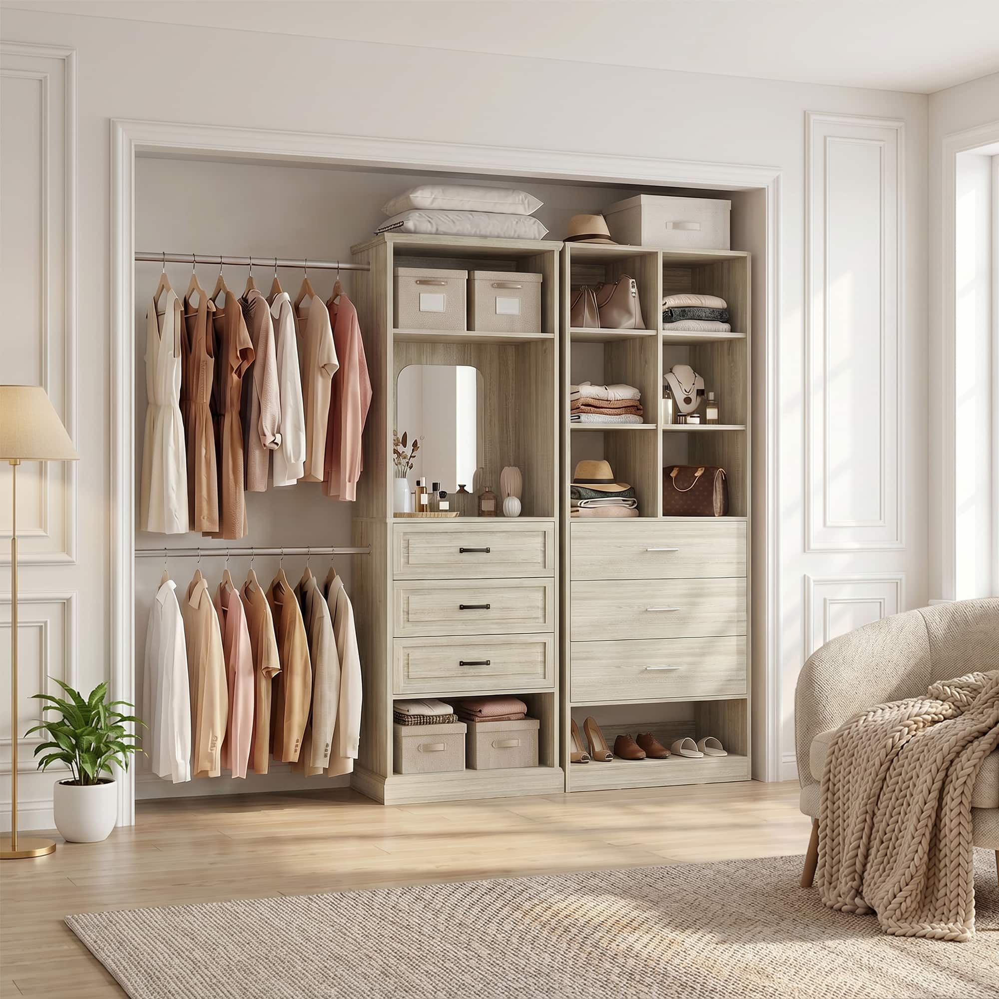 Aheaplus - 56'' - 120'' Wide Adjustable Closet System with Corner, Closet Storage System with 3 Drawers and 6 Hanging Rods - Beige Oak