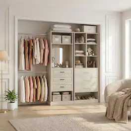 Aheaplus - 56'' - 120'' Wide Adjustable Closet System with Corner, Closet Storage System with 3 Drawers and 6 Hanging Rods - Beige Oak