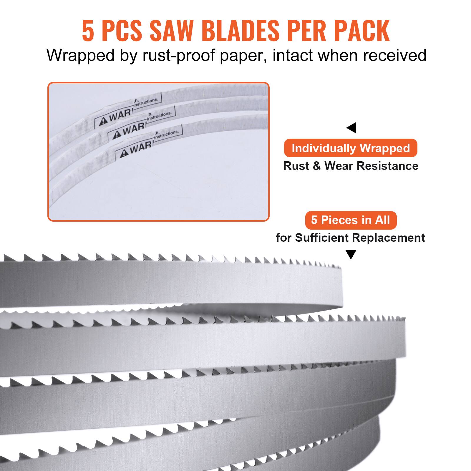 5 PCS SAW BLADES PER PACK  
Wrapped by rust-proof paper, intact when received  

- Individually Wrapped  
- Rust & Wear Resistance  

5 Pieces in All for Sufficient Replacement