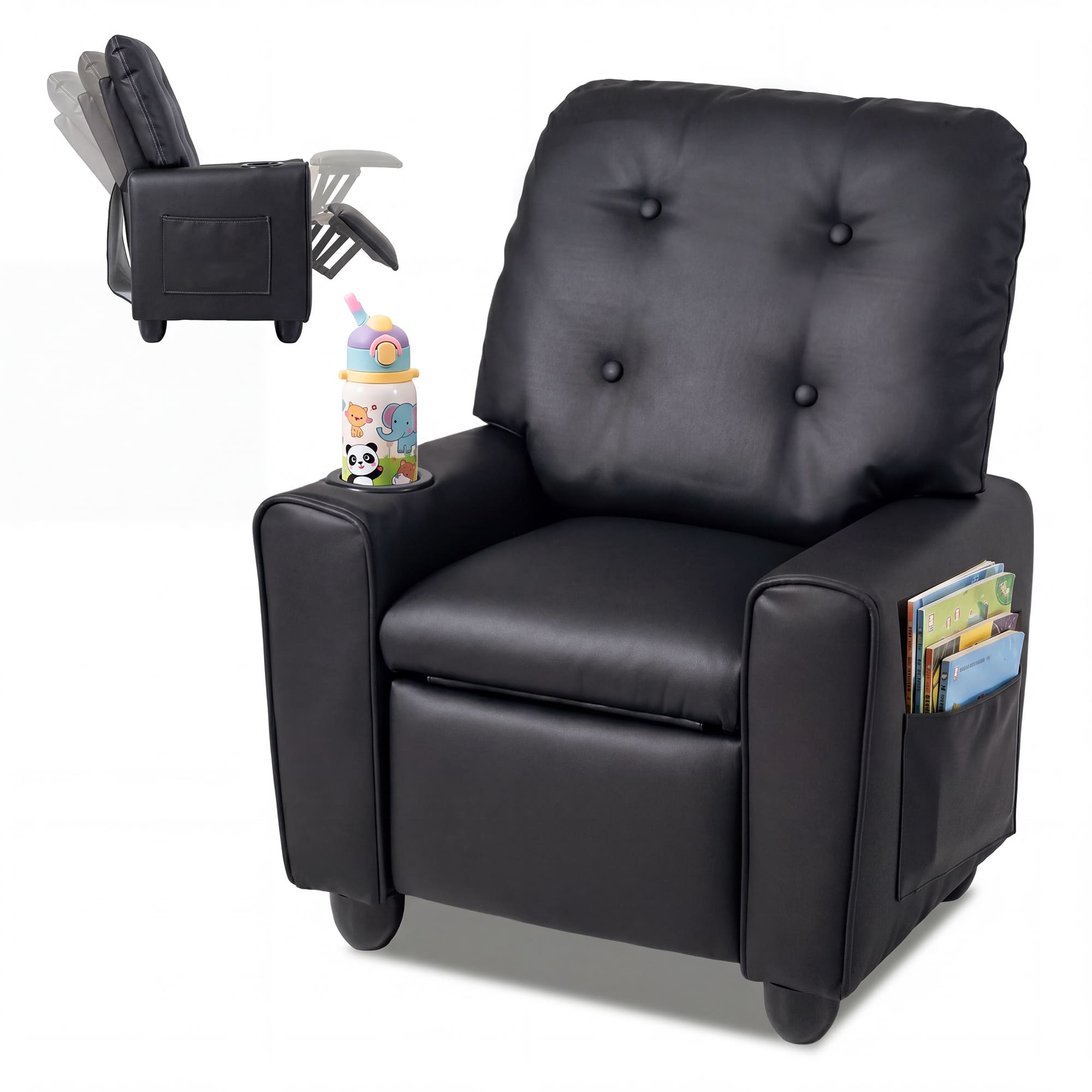 Front. Costway - Costway Push Back Kids Recliner Chair for Ages 3+, PU Leather Reclining Armchair with Cup Holder - Black.