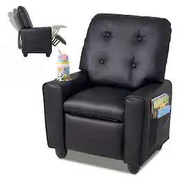 Costway - Push Back Kids Recliner Chair for Ages 3+, PU Leather Reclining Armchair with Cup Holder - Black