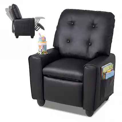 Front. Costway - Costway Push Back Kids Recliner Chair for Ages 3+, PU Leather Reclining Armchair with Cup Holder - Black.