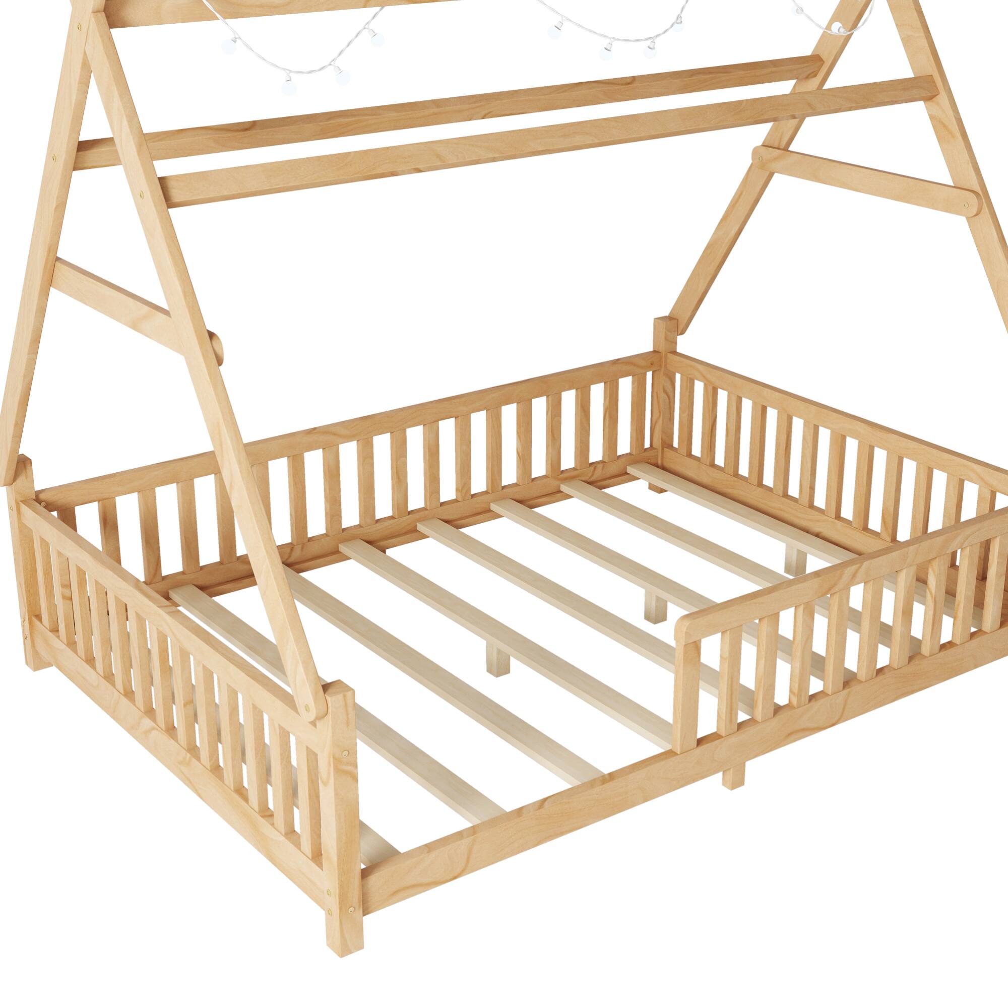 Alt View 7. GOODSILO - Full Size Low Profile House Frame Bed with Detachable Roof and LED Light Kit for Children's Bedroom - Natural.