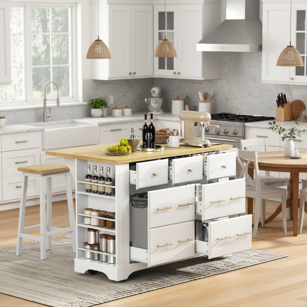 Left. Forest'nSky - Kitchen Island with 6 Drawers & Pull-Out Trash Can – Rolling Cart with Power Outlet & 5 Open Side Racks, White - White.
