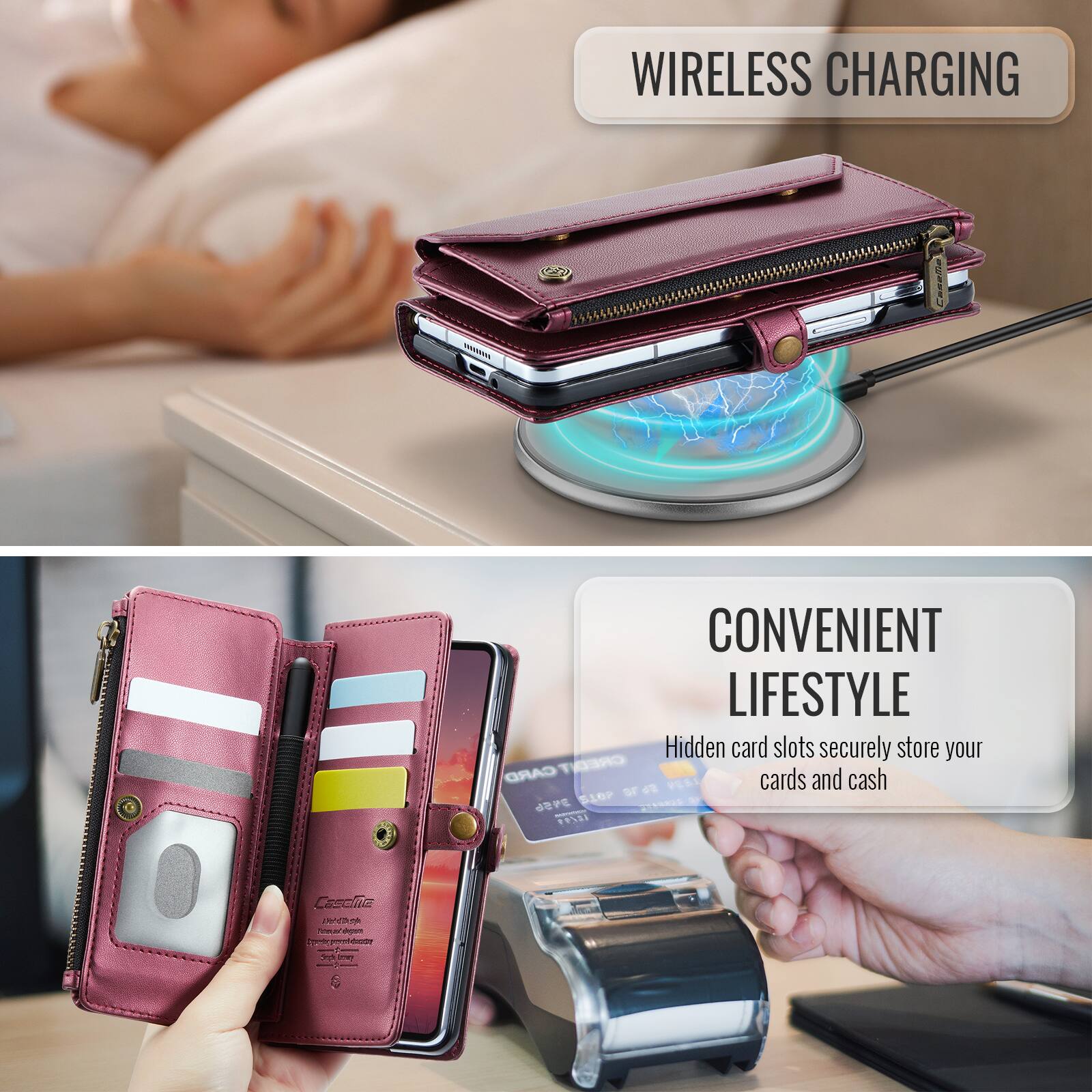 WIRELESS CHARGING

CONVENIENT LIFESTYLE

Hidden card slots securely store your CARD CREDIT

PESI cards and cash