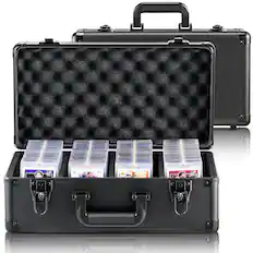 Front. VEVOR - Graded Card Storage Box, 4 Slots, Graded Sports Cards Holder Carrying Case with Key Lock Foam Dividers - Black.