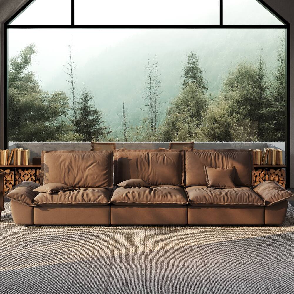 Angle. POVISON - 141.73" Sailboat Deep Sofa Stain Resistant Cozy Couch with Adjustable Backrest - Brown Suede Fabric.