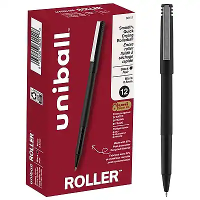 Sure, here is the corrected and grouped text:
**Product Name:**
- uniball ROLLER 60151
**Features:**
- Smooth, Quick Drying Rollerball
- Encre fluide
- Schriftflüssig
- Black Noir
- 0.5mm
- 12 pieces
**Specifications:**
- Made with 80% recycled materials
- Post-consumer recycled content: 80%
- FRAUO FADING WATER
- 80% Retycled
**Additional Information:**
- Eco-friendly
- Fade-resistant
- Water-resistant
- Made in Japan
**Packaging:**
- ROLLER
- uniball