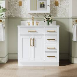 WELLFOR - 36" Solid Wood Bathroom Vanity with Sink, 2 Soft-Close Doors, 5 Drawers& Cultured Marble Countertop - White