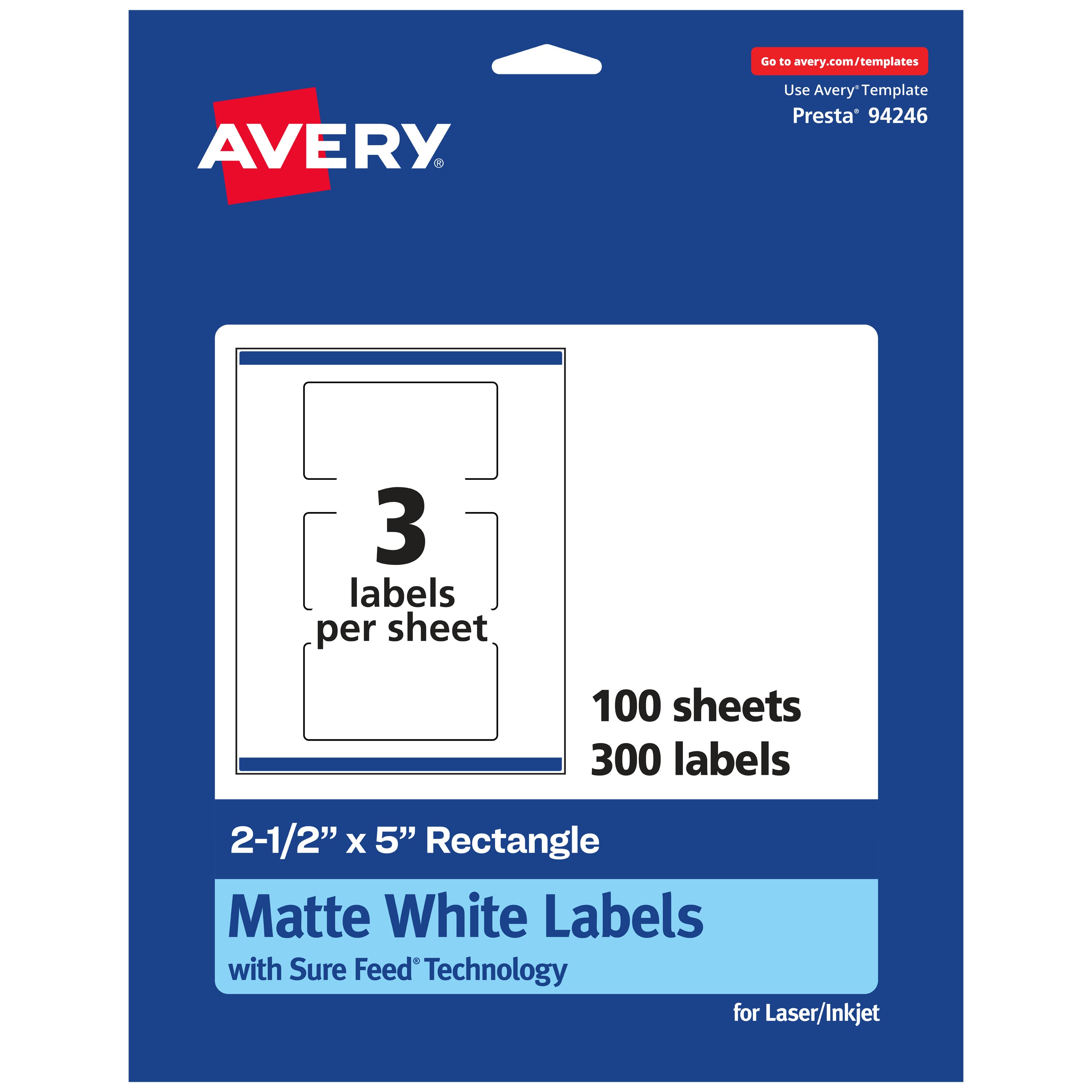 Avery - Matte Rectangle Labels, 2.5" x 5", 300 Labels - White