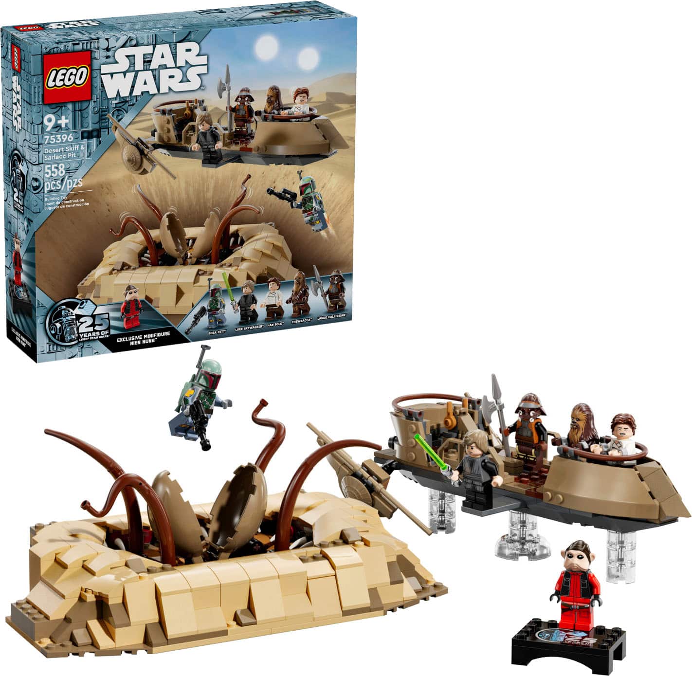 The image features a Lego Star Wars set, which includes a desert skiff, a sandcrawler, and a variety of characters. The set is designed for children aged 9 and above and contains 75396 pieces. The box showcases the different elements of the set, such as the skiff, sandcrawler, and various characters. The set is a great addition to any Lego Star Wars collection and offers hours of fun and creativity for children and adults alike.