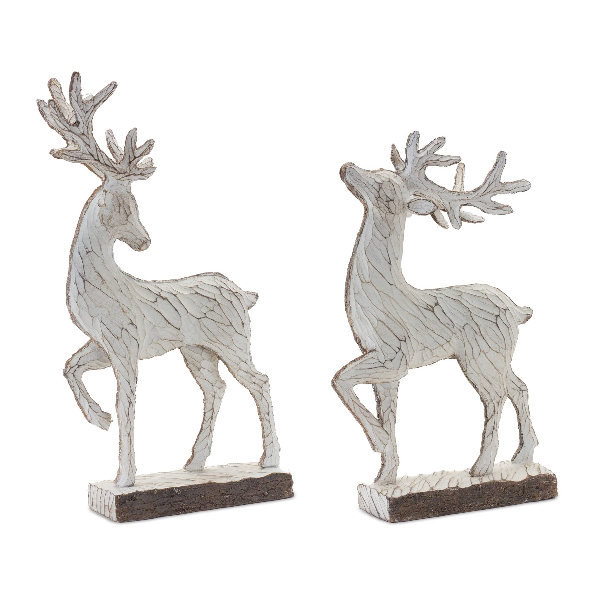 BreeBe - Carved Deer Decor (Set of 2) - White, Brown