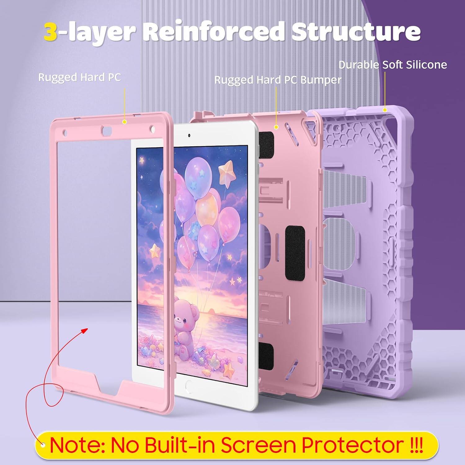 3-layer Reinforced Structure  
Durable Soft Silicone  
Rugged Hard PC Bumper  
Note: No Built-in Screen Protector !!!