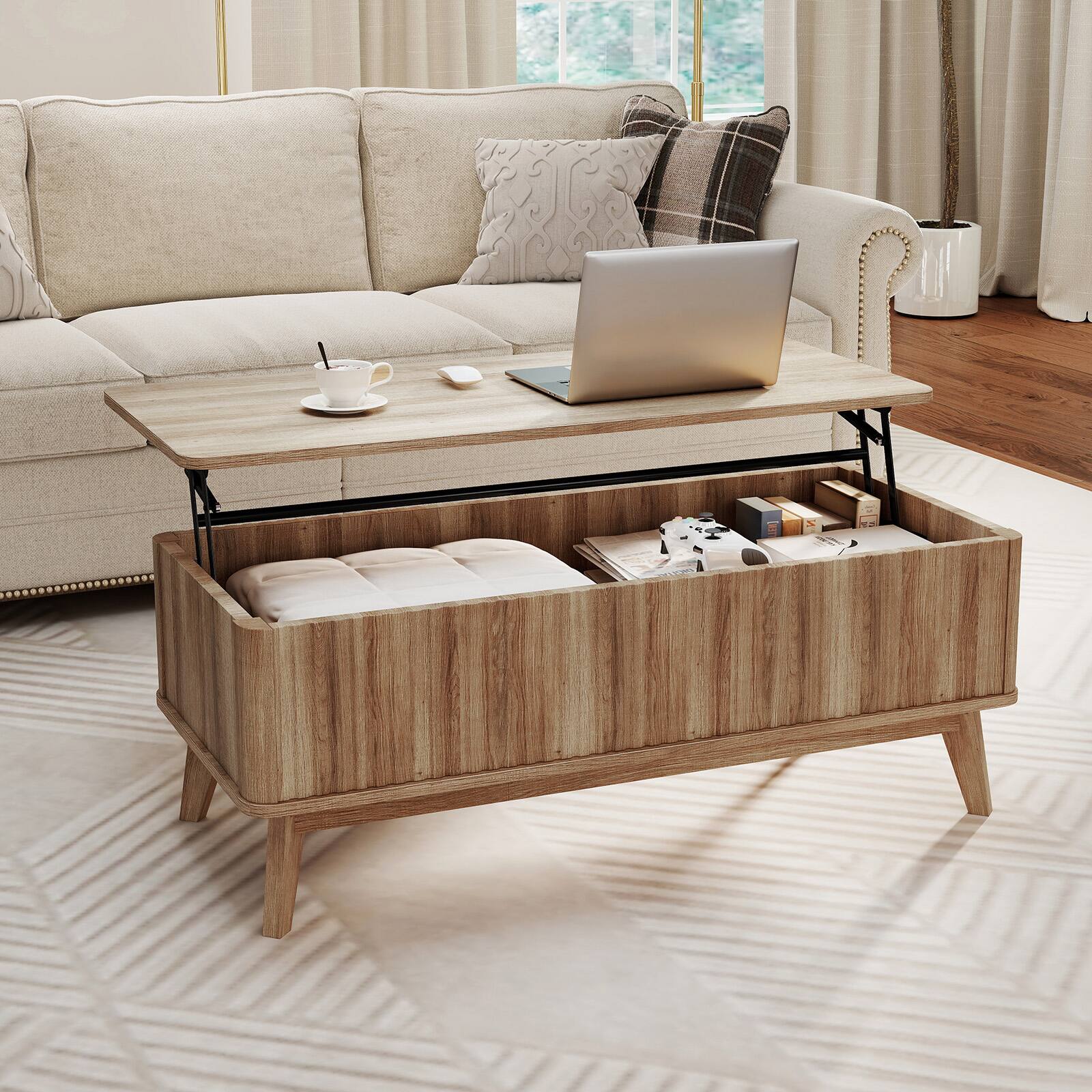 Alt View 1. Gymax - Gymax 43.5'' Fluted Lift Top Coffee Table w/Lift Tabletop Hidden Compartments for Home - Brown.