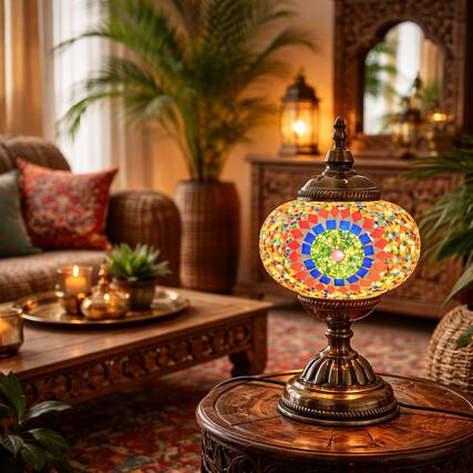 Front. FC Design - 12"H Bronze Base Elegant Globe Blue–Red Flowery Mosaic Turkish Lamp.