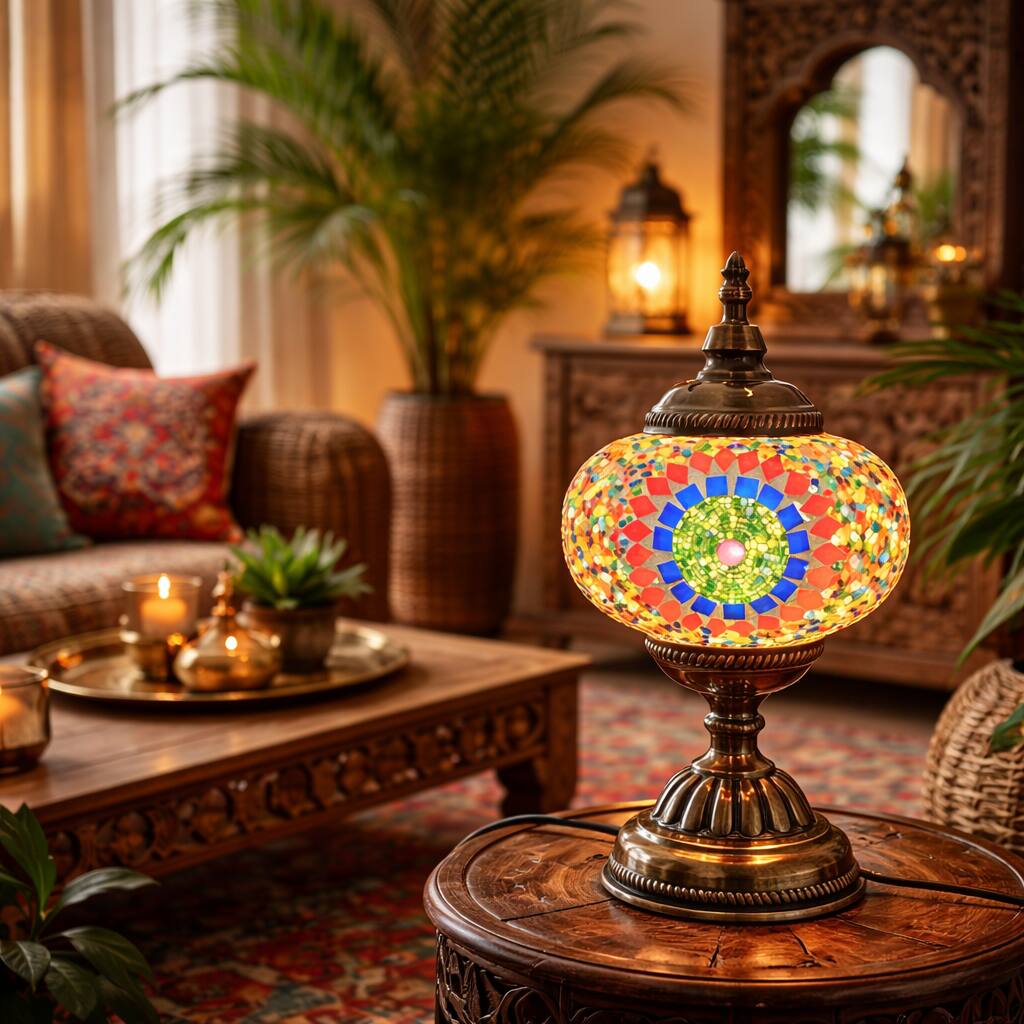 Front. FC Design - 12"H Bronze Base Elegant Globe Blue–Red Flowery Mosaic Turkish Lamp.