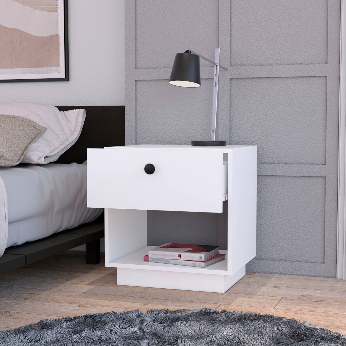 Angle. Loheer - Loheer White One-Drawer Nightstand with Open Shelf for Bedroom - White.