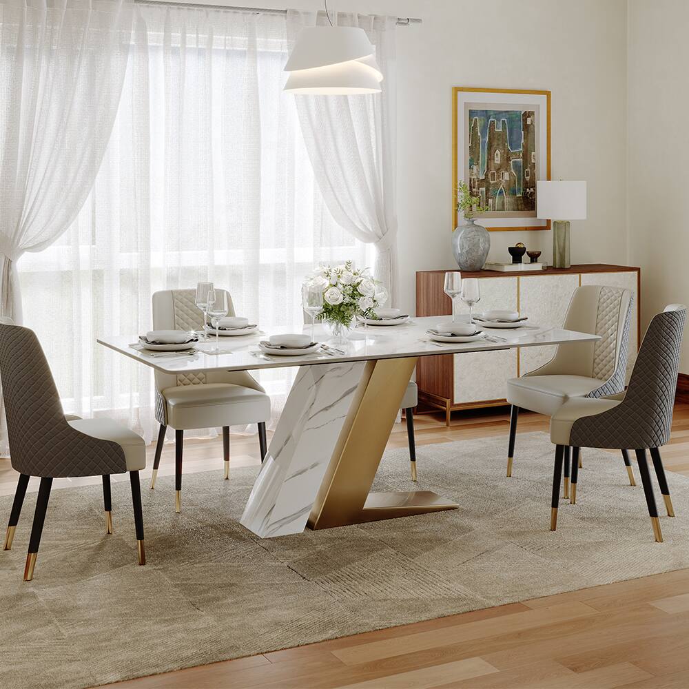 Left. POVISON - 71"Modern Glossy White Sintered Stone Rectangular Dining Table for 4-6, White & Gold Z-shaped Stainless Steel Base - White & Gold.