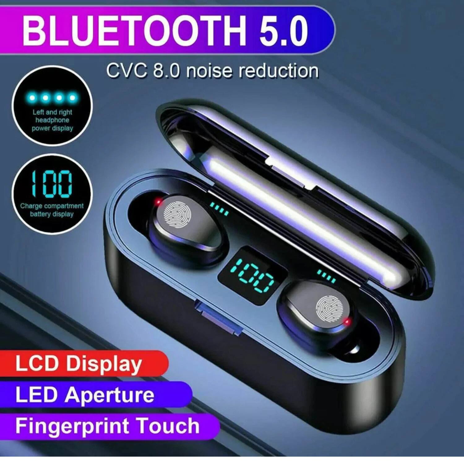 BLUETOOTH 5.0  
CVC 8.0 noise reduction  

Left and right headphone power display  
Charge compartment battery display  

LCD Display  
LED Aperture  
Fingerprint Touch