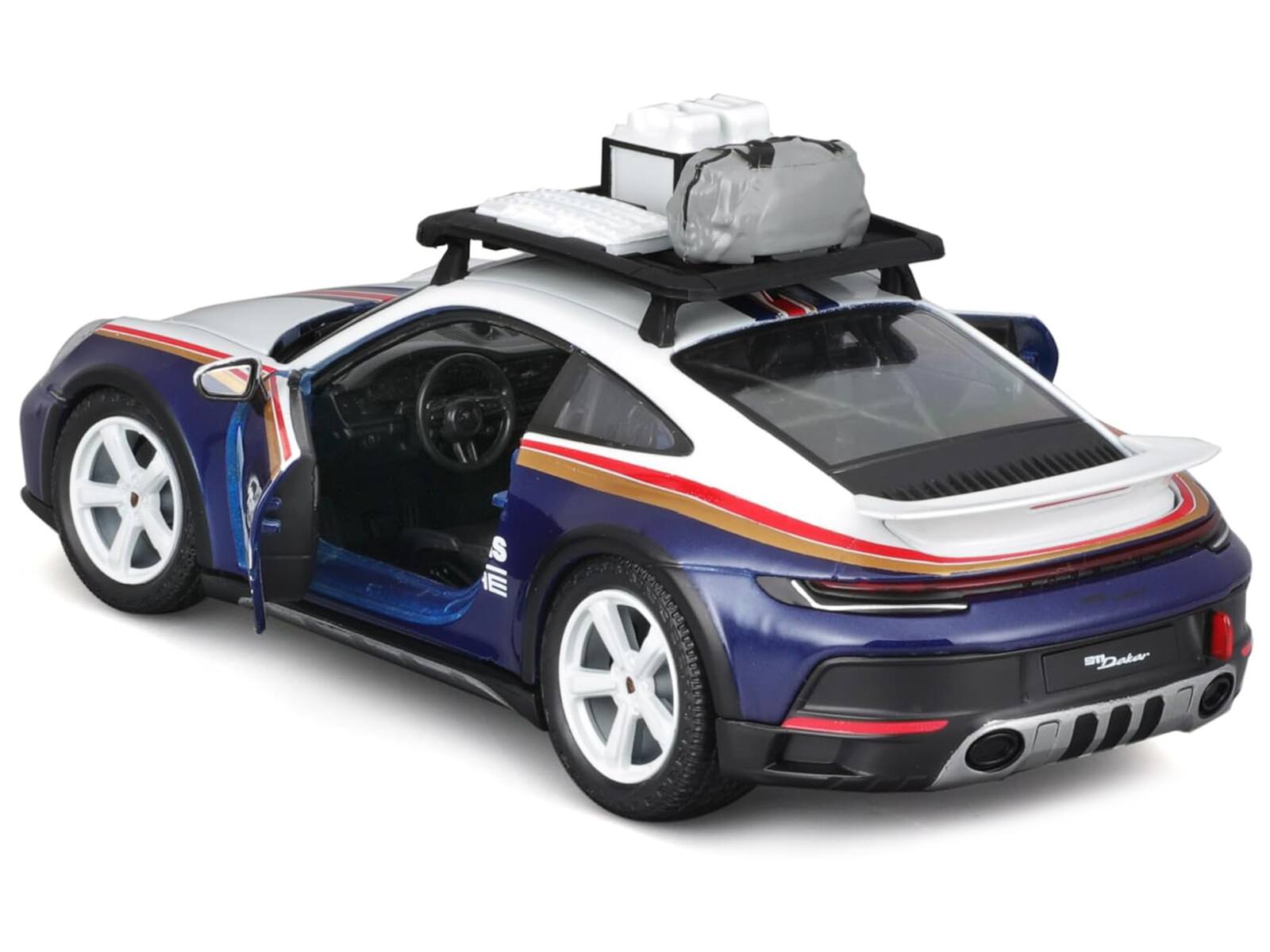 Left. Bburago - Porsche 911 Dakar #953 "Roughroads Porsche" Blue and White with Stripes and Roof Rack "Race" Series 1/24 Diecast - Blue and White.