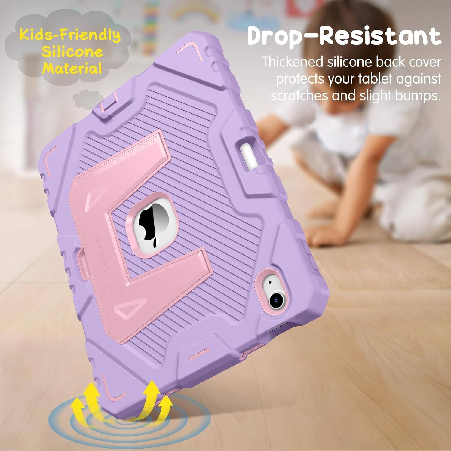 Kids-Friendly Silicone Material

Drop-Resistant

Thickened silicone back cover protects your tablet against scratches and slight bumps.