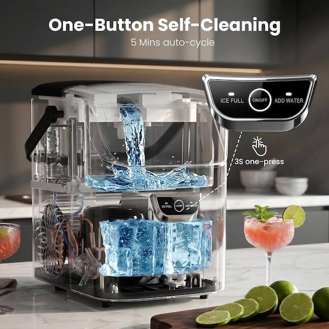 One-Button Self-Cleaning  
5 Mins auto-cycle  

ICE FULL ON/OFF ADD WATER  
3S one-press  
ICE FULL  
WATER