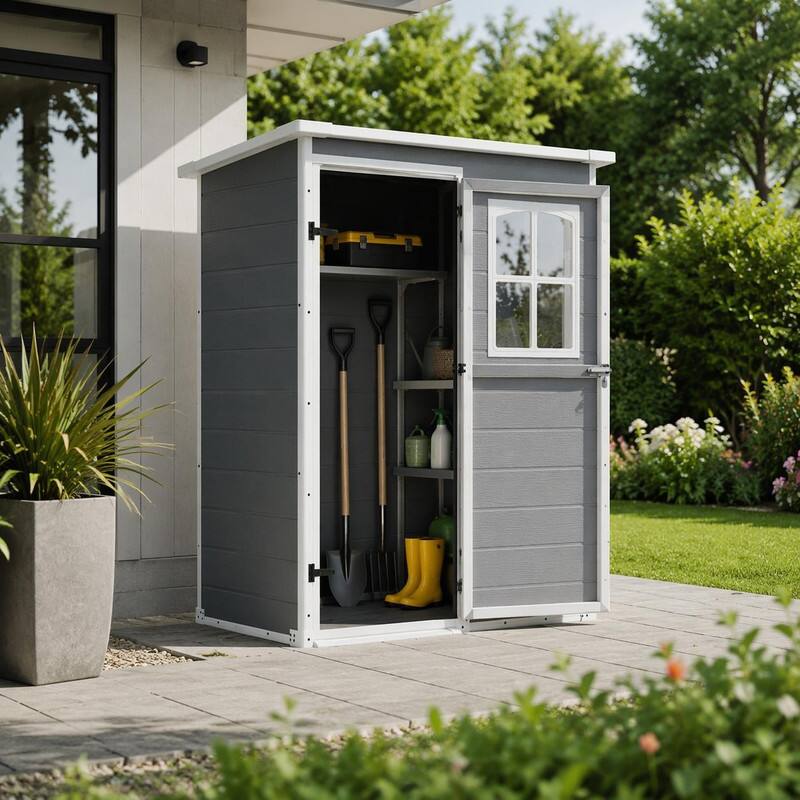 Angle. RYHNUYNE - Gray Resin Shed 5x3ft Floor Lockable Door Window Waterproof Snowproof Garden Tools - Gray.