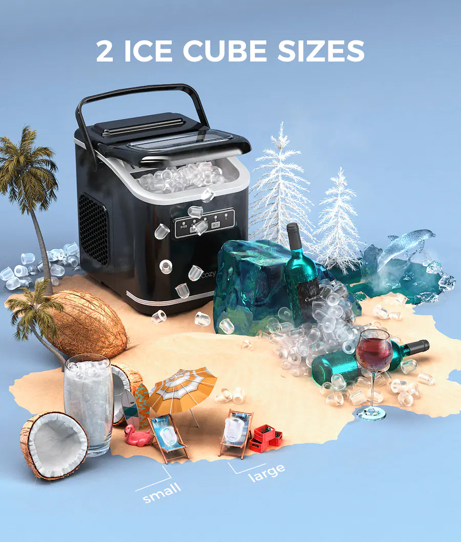 Large Ice Set Design Ecozy 26lb. Countertop Portable Ice Maker with Self Cleaning, 9 Bullet ...