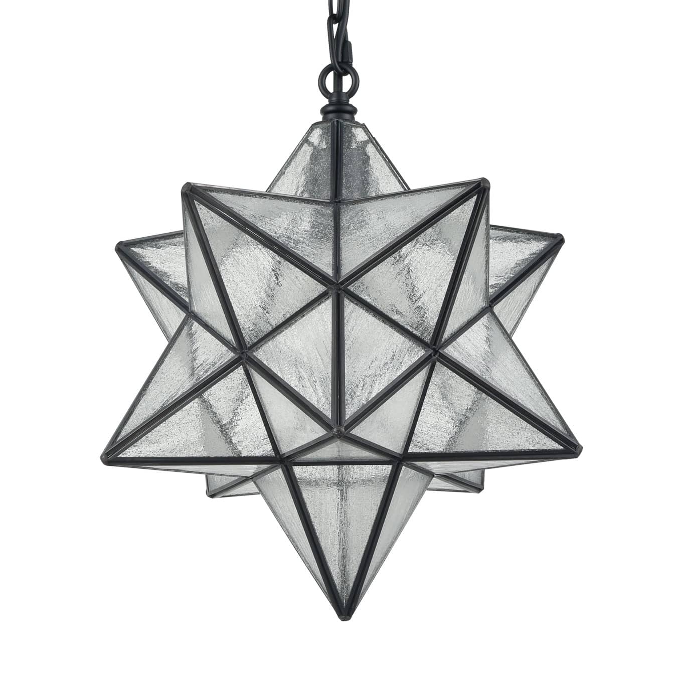 Angle. MOOSE - Moravian Star Pendant Light 14-inch Seeded Glass Shade - Black.