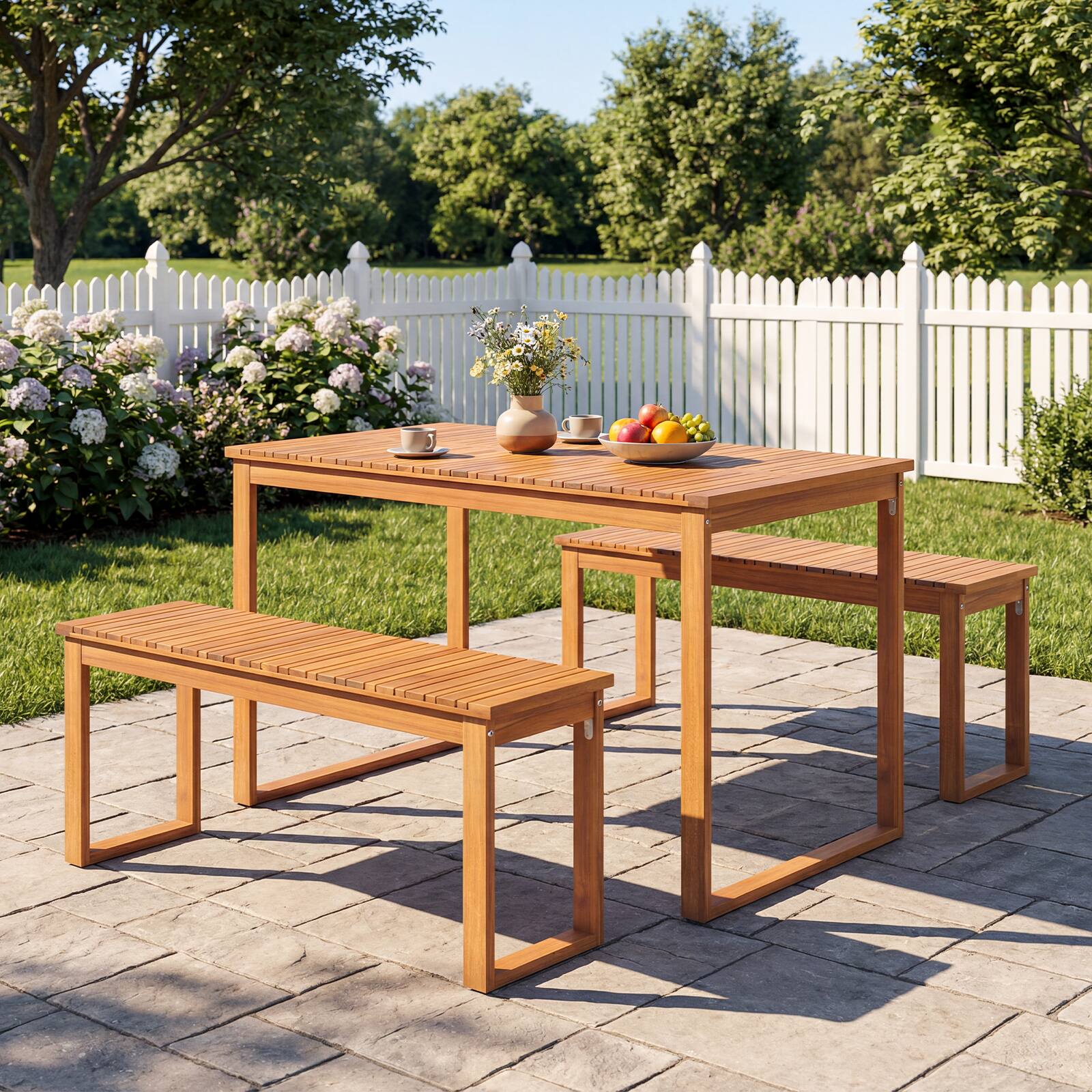Alt View 3. Gymax - Gymax 3 PCS Acacia Wood Picnic Set 43.5'' Outdoor Dining Table w/2 Benches for Yard - Natural.