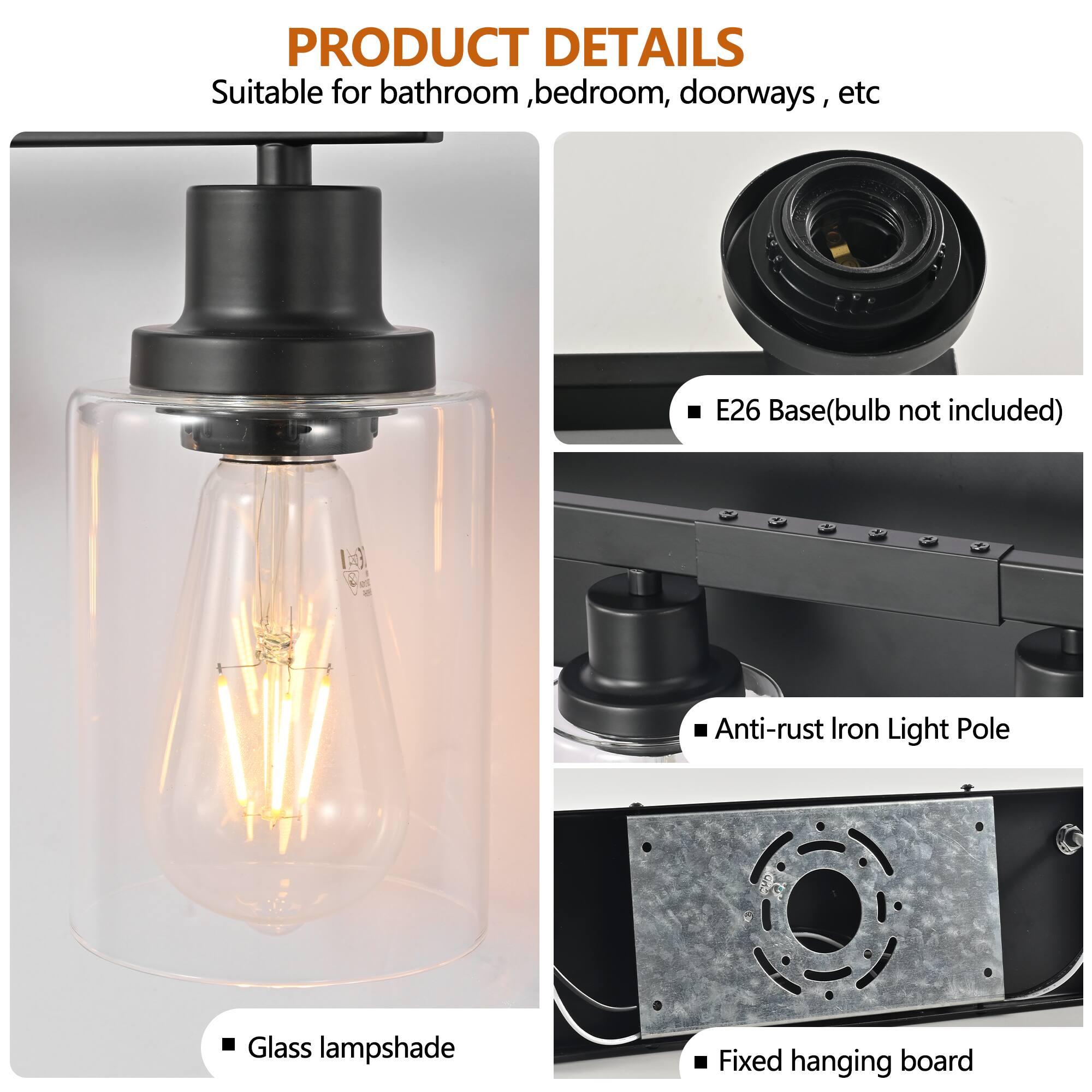 PRODUCT DETAILS  
Suitable for bathroom, bedroom, doorways, etc  

- E26 Base (bulb not included)  
- Anti-rust Iron Light Pole  
- Glass lampshade  
- Fixed hanging board