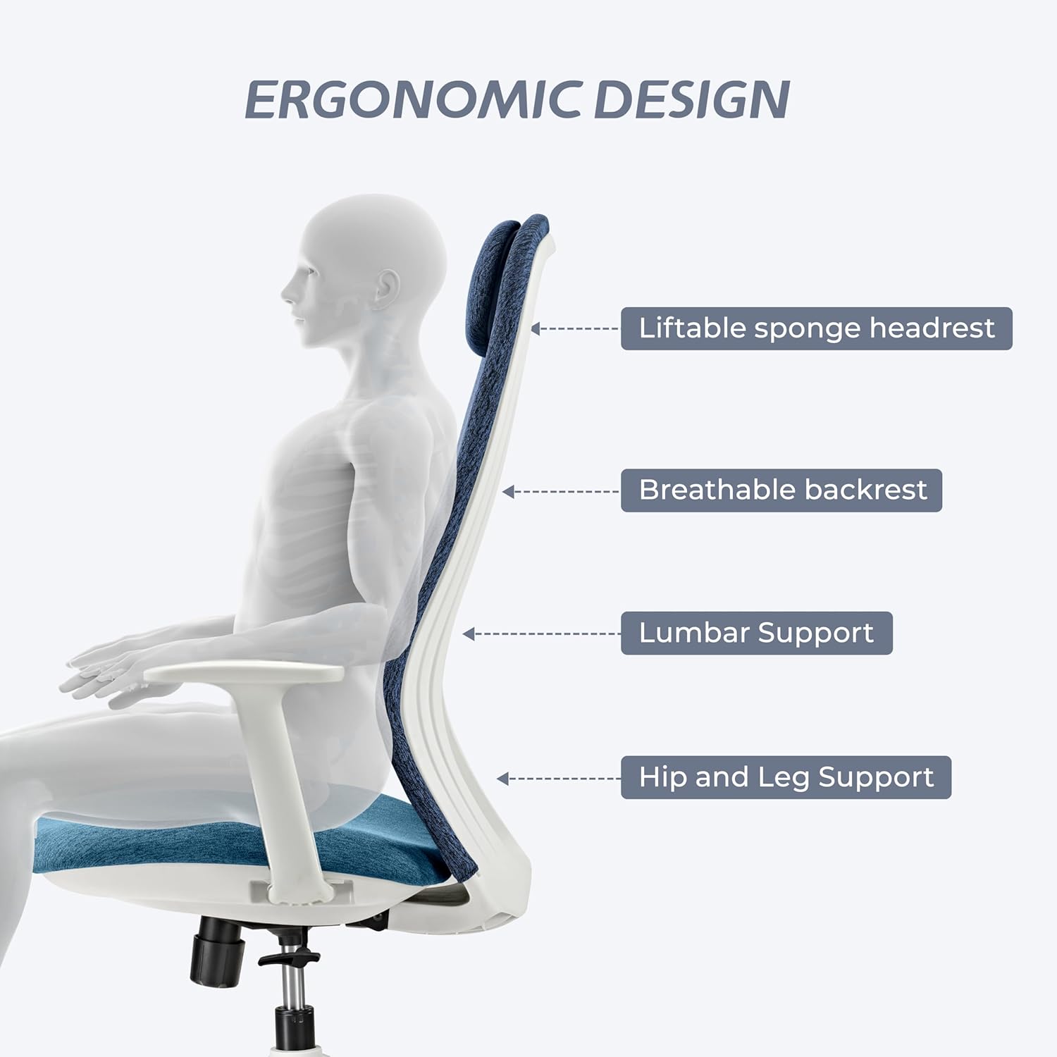 ERGONOMIC DESIGN  
- Liftable sponge headrest  
- Breathable backrest  
- Lumbar Support  
- Hip and Leg Support
