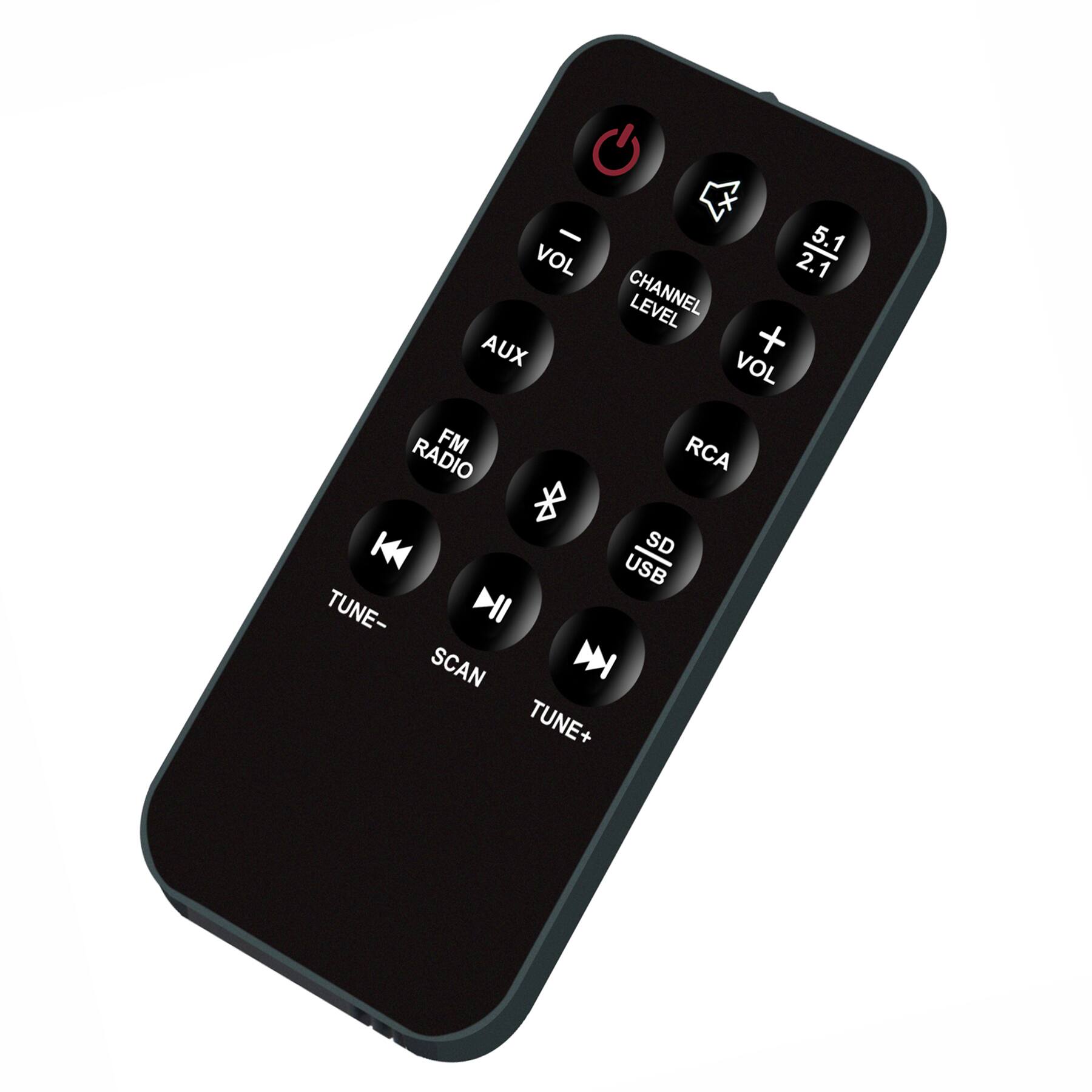 - VOL
- CHANNEL LEVEL
- 5.1 / 2.1
- AUX
- RCA
- FM RADIO
- SD USB
- TUNE-
- SCAN
- TUNE+
- USB