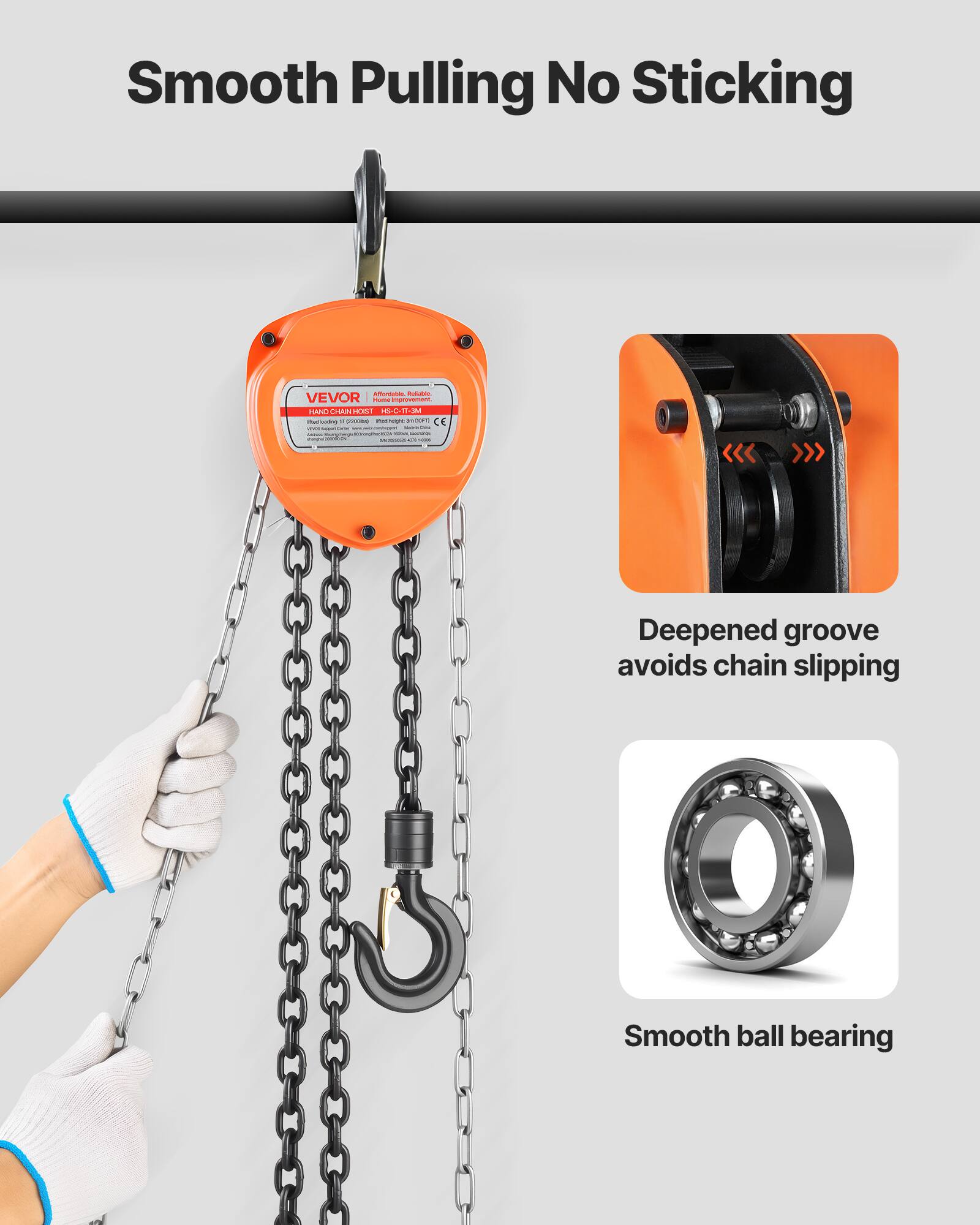 Smooth Pulling No Sticking

- VEVOR - Codd RANL CMAn RL

- Deepened groove avoids chain slipping

- Smooth ball bearing