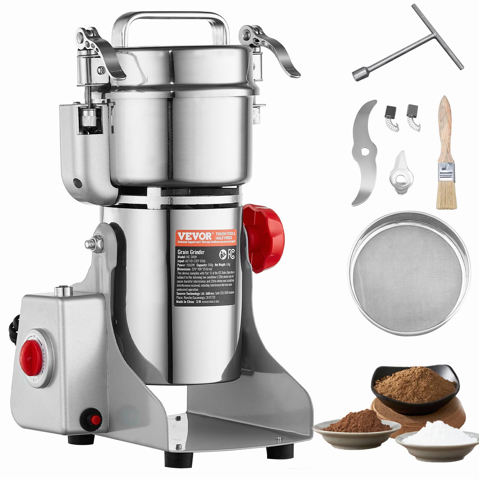 VEVOR - 300g Electric Grain Mill Grinder, High Speed 1500W Commercial Spice Grinders, Stainless Steel Pulverizer Powder Machine - Silver