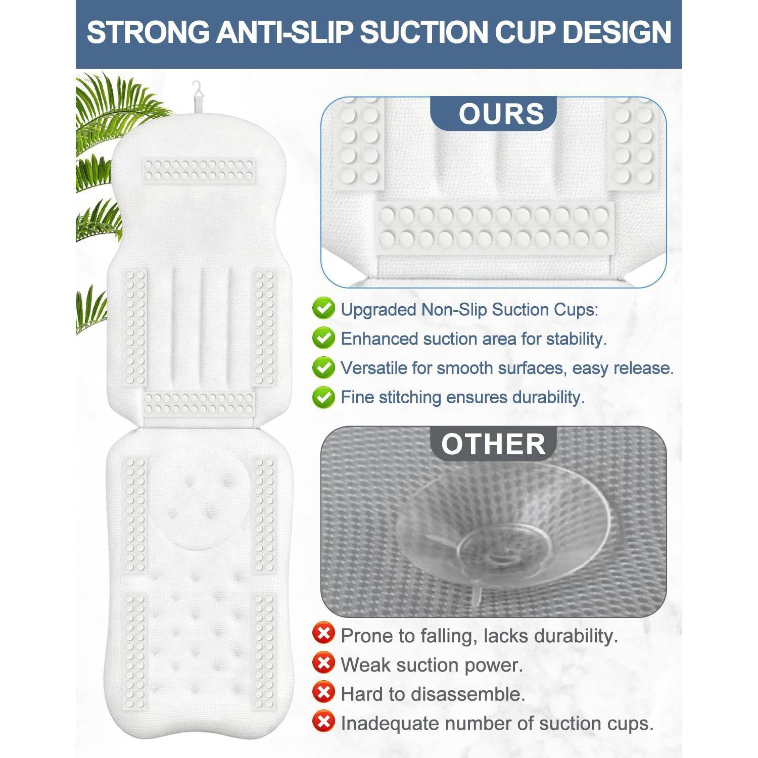 STRONG ANTI-SLIP SUCTION CUP DESIGN

OURS
- Upgraded Non-Slip Suction Cups: Enhanced suction area for stability.
- Versatile for smooth surfaces, easy release.
- Fine stitching ensures durability.

OTHER
- Prone to falling, lacks durability.
- Weak suction power.
- Hard to disassemble.
- Inadequate number of suction cups.
