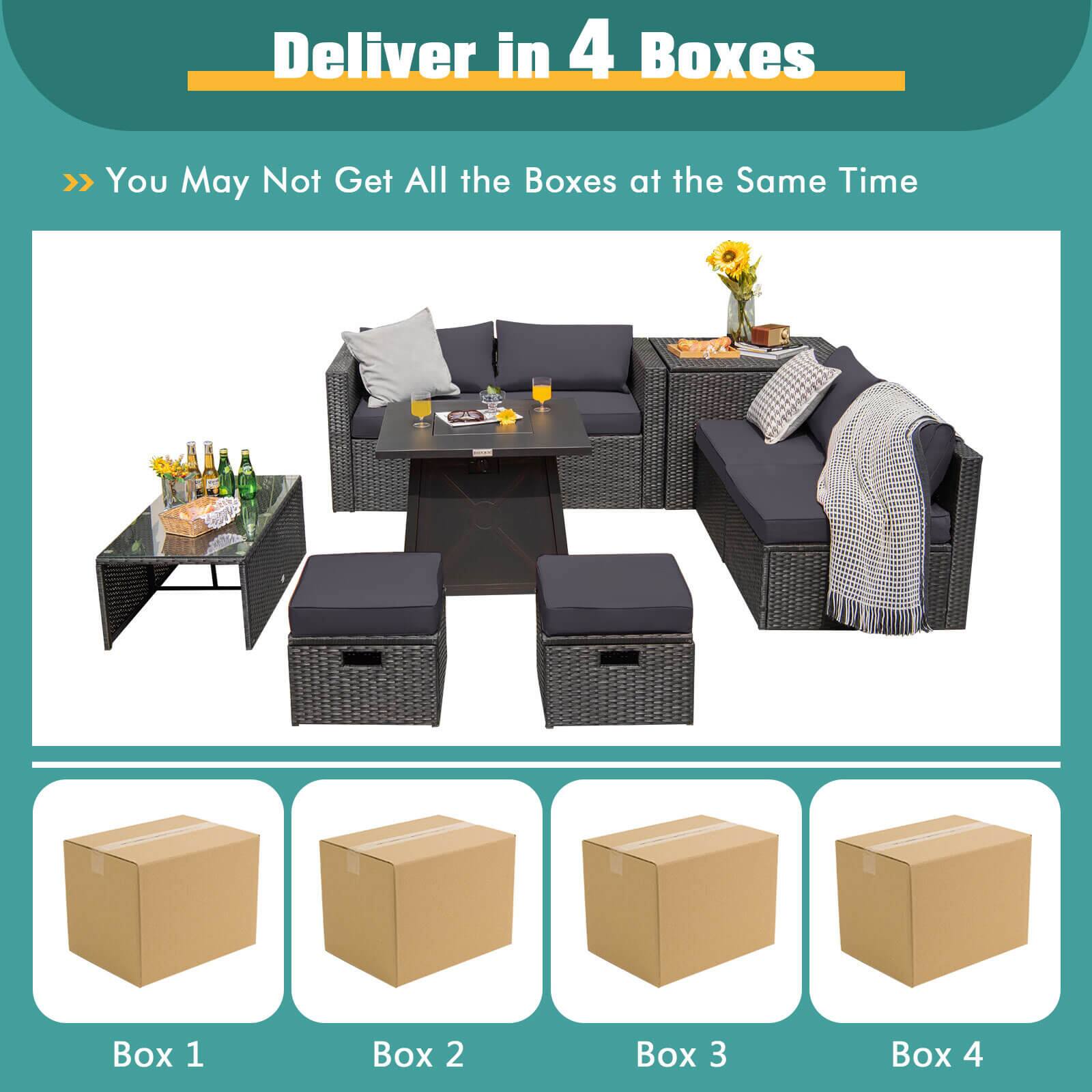 Deliver in 4 Boxes  
>> You May Not Get All the Boxes at the Same Time  

Box 1  
Box 2  
Box 3  
Box 4